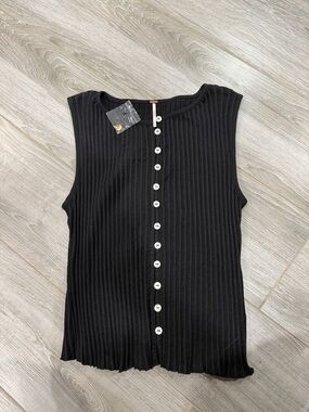 New Free People Sleeveless Black Ribbed Button-Front Top L